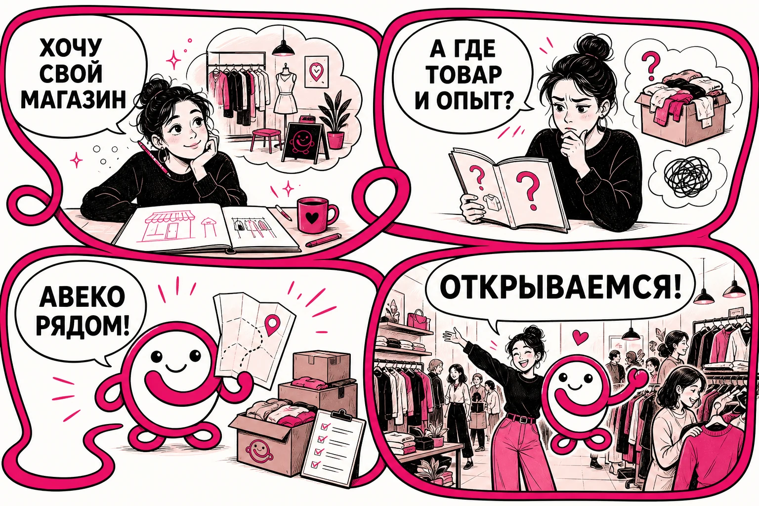 Комикс: хочу свой магазин, где взять товар и опыт, АВЕКО рядом, открываемся