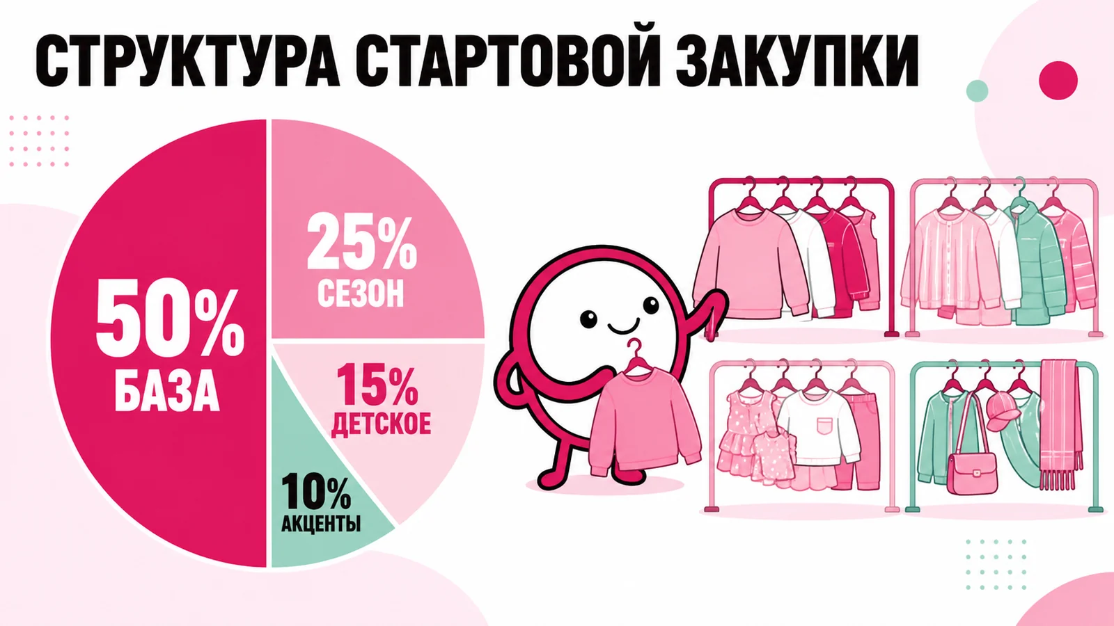 Пример структуры стартовой закупки секонд-хенда: база, сезон, детское и акцентные товары